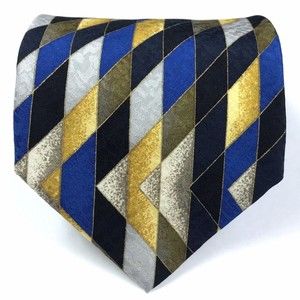 Elegant Striped Zig Zag Abstract Black Blue Yellow Gray 100% Silk Necktie ITALY